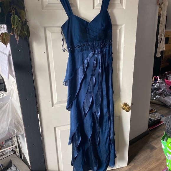 Adrianna Papell Beads Tiered Chiffon Evening Gown Sz 8 Prussian Blue Prom Dress - Picture 3 of 16